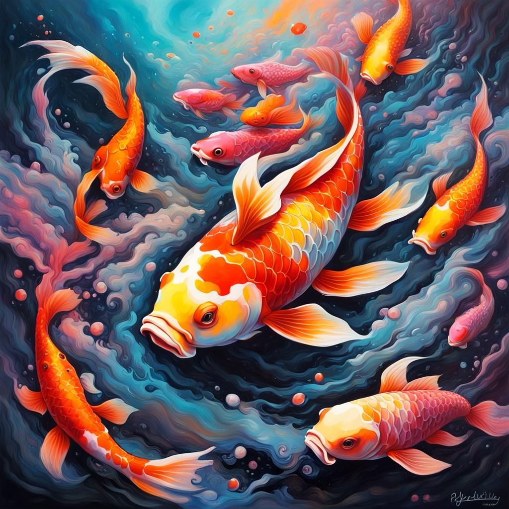 Psychedelic Koi Fish in Heaven Graffiti Art
