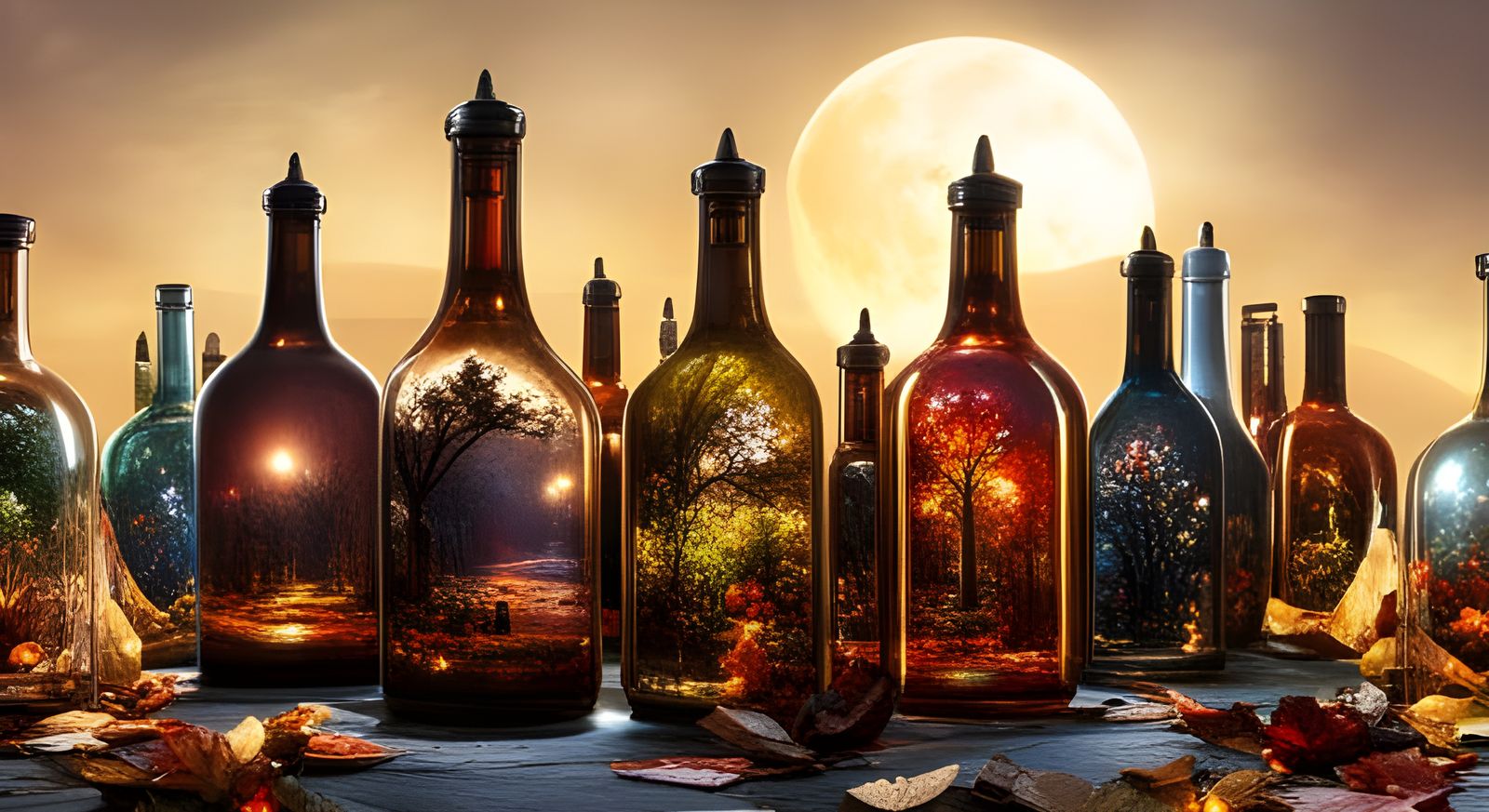 Autumn Sceneries in Bottles: Hyperdetailed Fantasy Photo