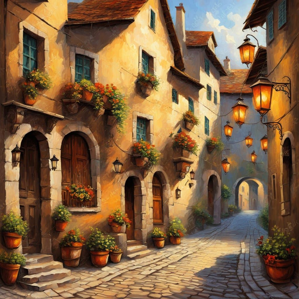 Old European Town Street with Lanterns in Da Vinci Style