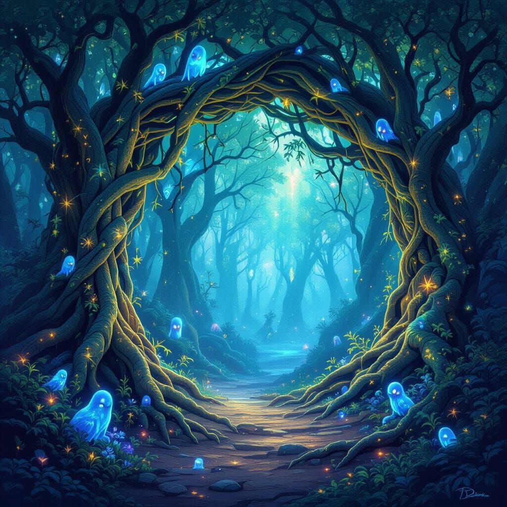 Bioluminescent Forest Portal to Starlight Realm