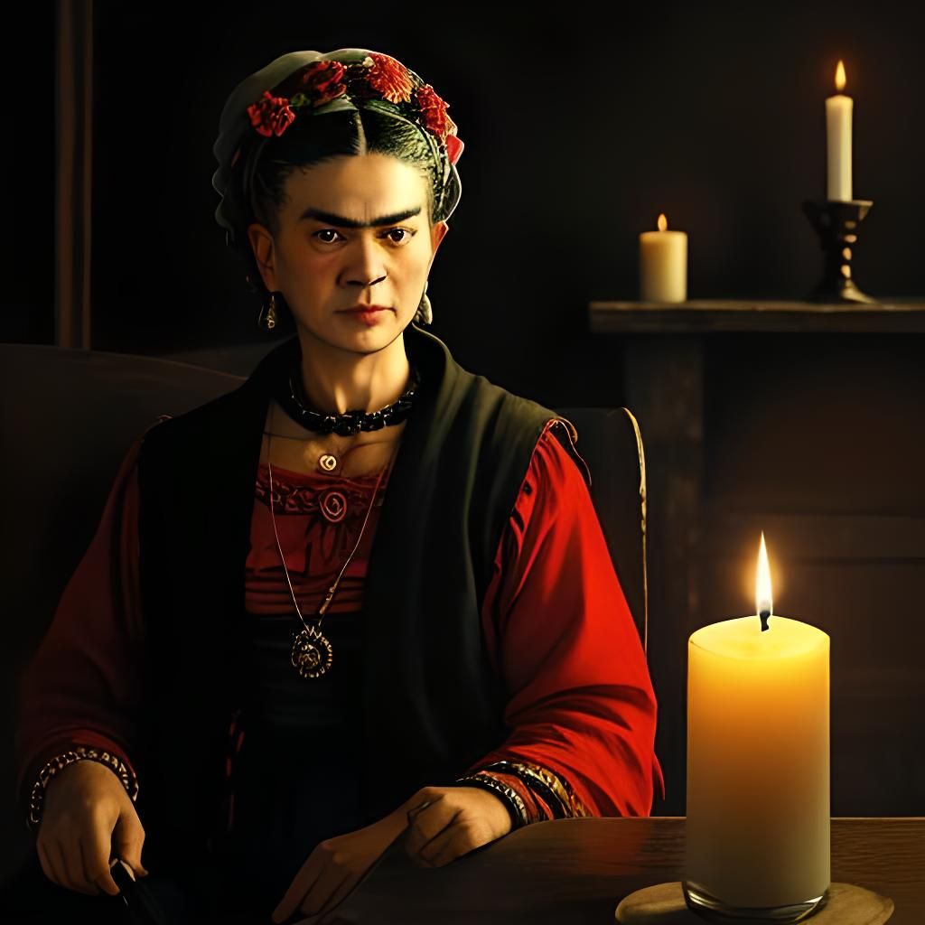 Elderly Woman with Candle in Frida Kahlo Style