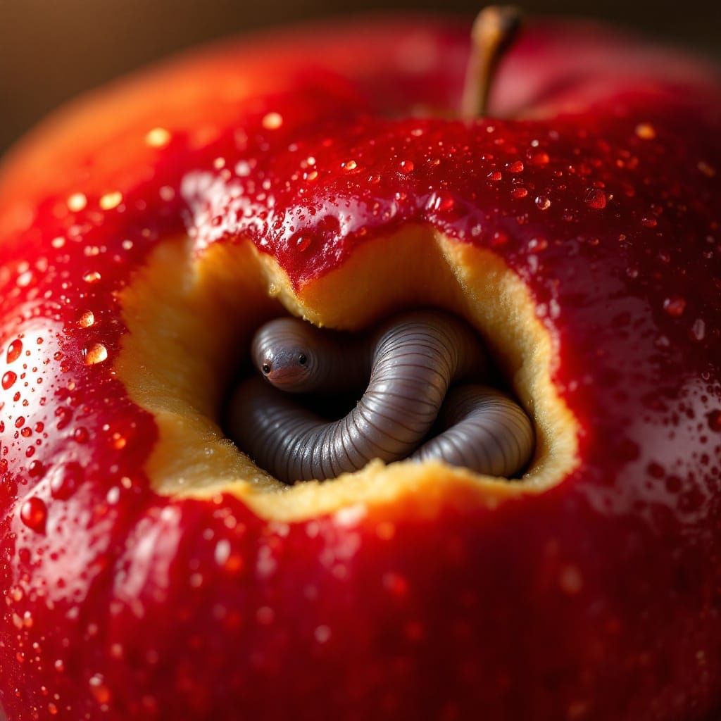 Hyperrealistic Close-up of a Damaged Red Apple with a Crawli...