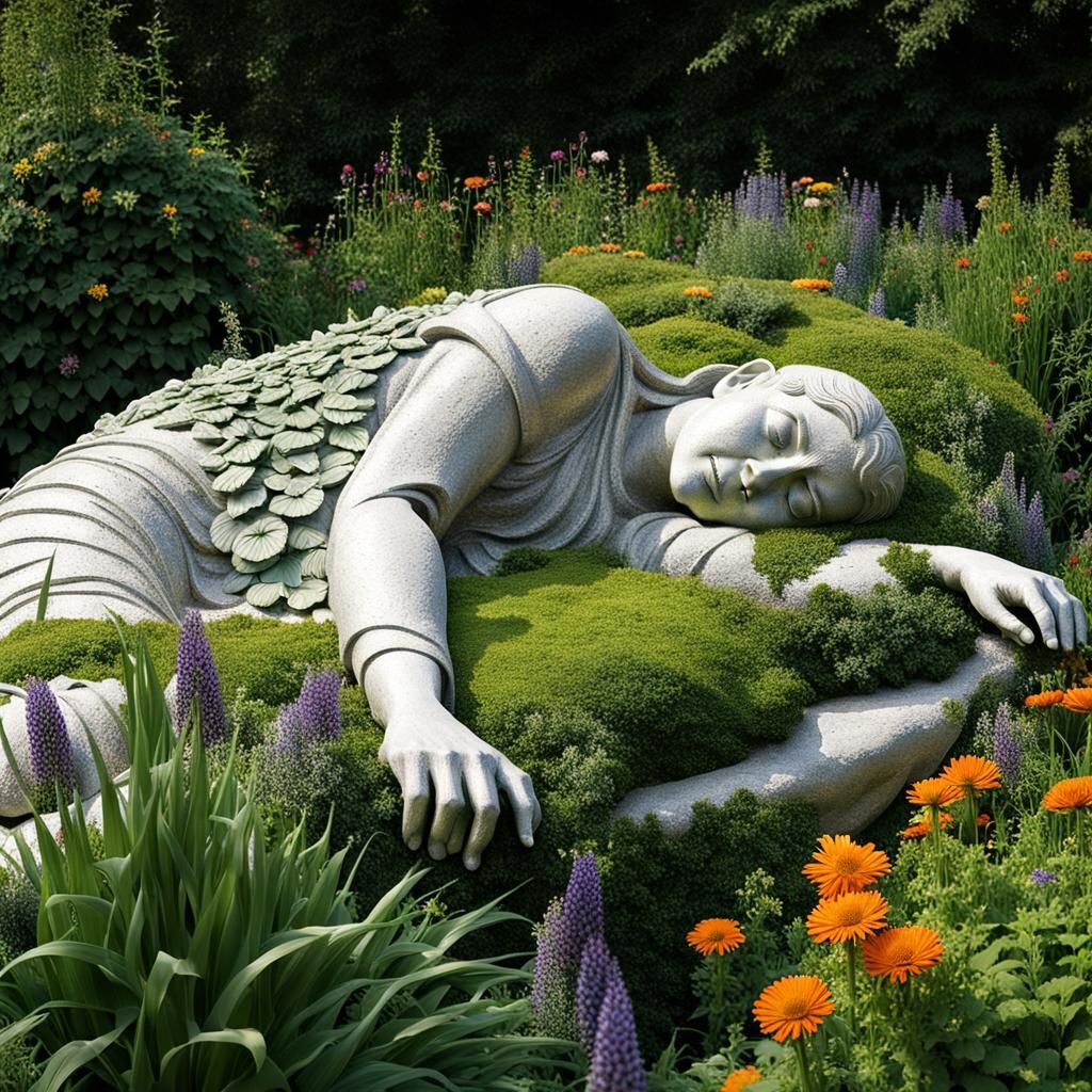 Living Sculpture of Sleeping Woman in Stone