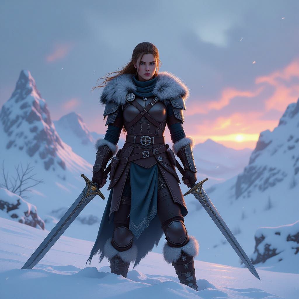 Nord Warrior Lydia in Snowy Skyrim Landscape