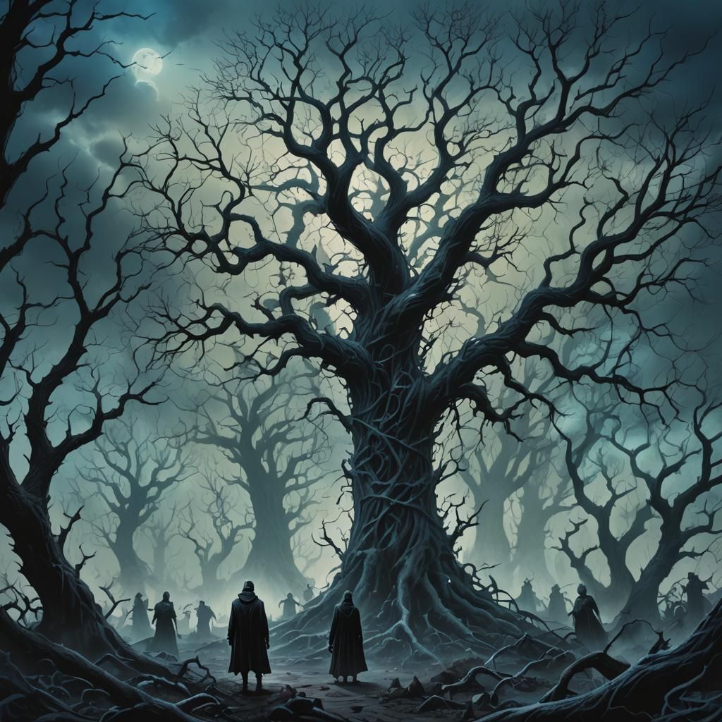 Dark Fantasy Figure Confronts Twisted Gothic Horde