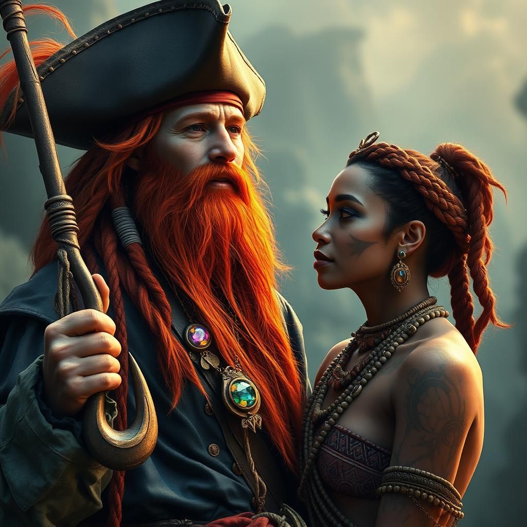 Pirate with Ginger Beard and Tribal Woman in Fantasy Art