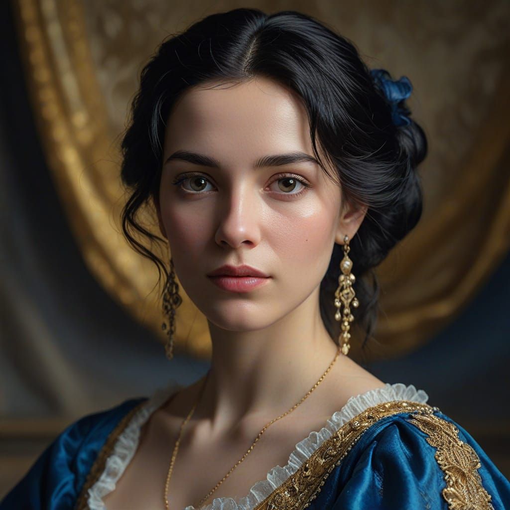 Elegant Baroque Portrait of Woman in Blue and Gold