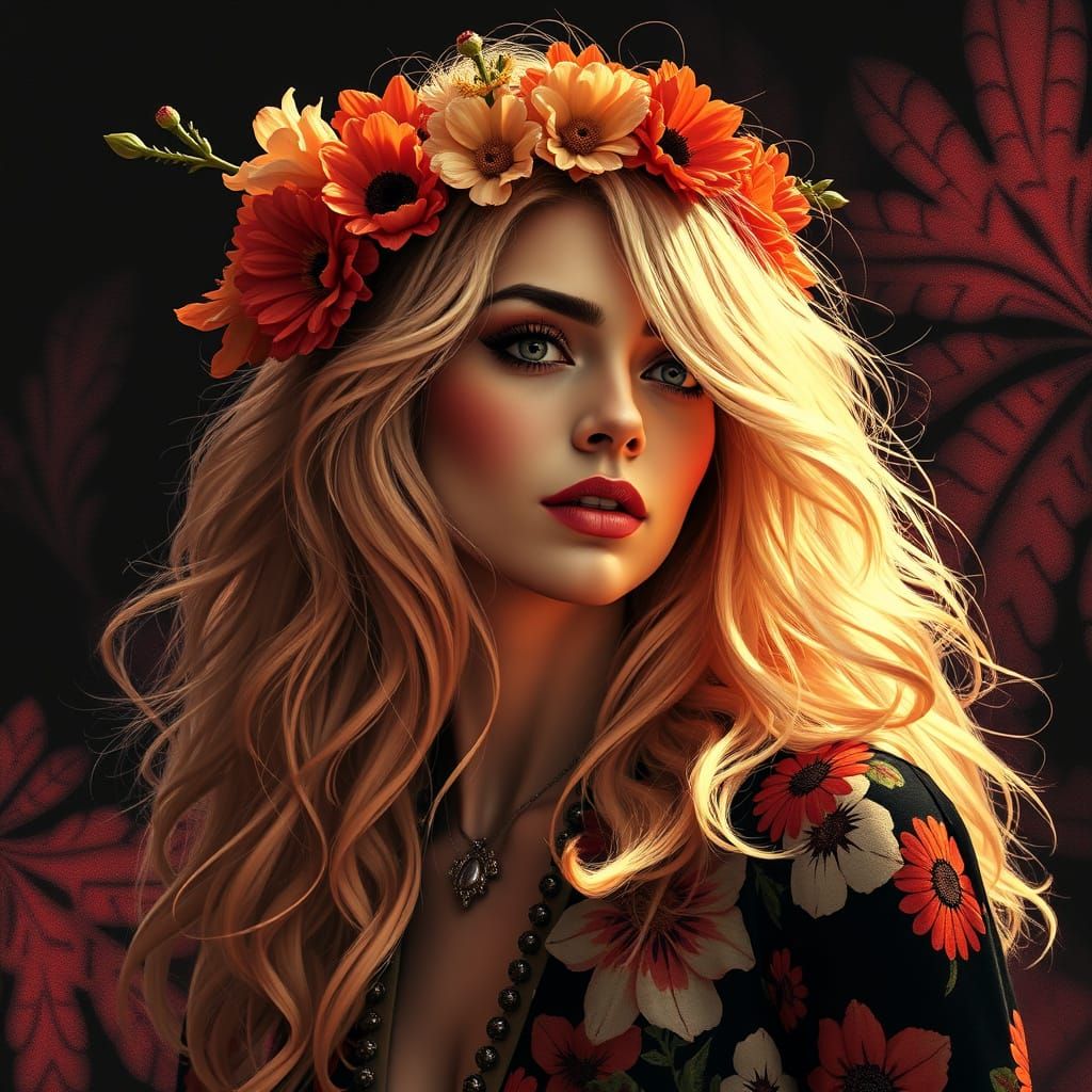 Enchanting Blonde Hippie Goddess in Vibrant Floral Crown, Sh...