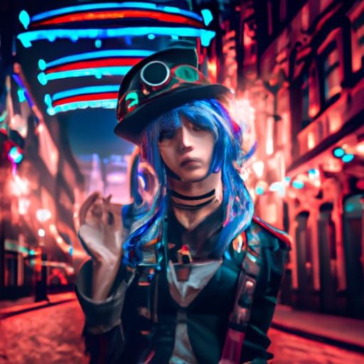 Steampunk Anime Girl in Gothic Synthwave Street