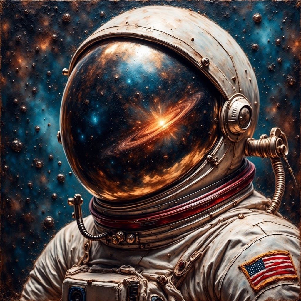 Astronaut's Helmet Reflecting Universe in Grungy Oil Paintin...