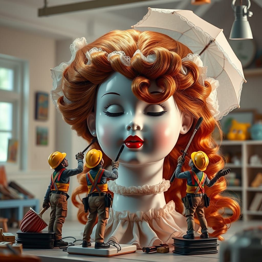 Fantastical Porcelain Dollhead Constructed by Tiny Workers i...