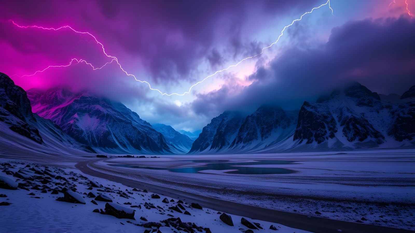 Snowstorm with Colored Lightning over Mountain Landscape