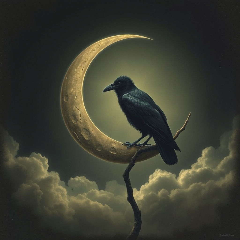 Mysterious Raven on Moon in Surrealist Style