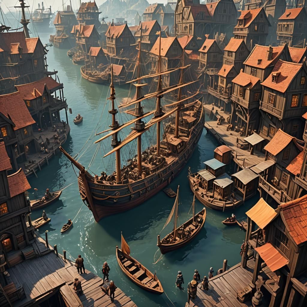 Adventurers Arriving at Port City: Fantasy Concept Art