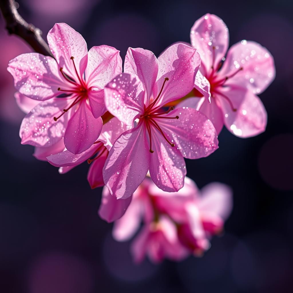Shimmering Cherry Blossoms in Macro, Hyperrealistic Splash A...