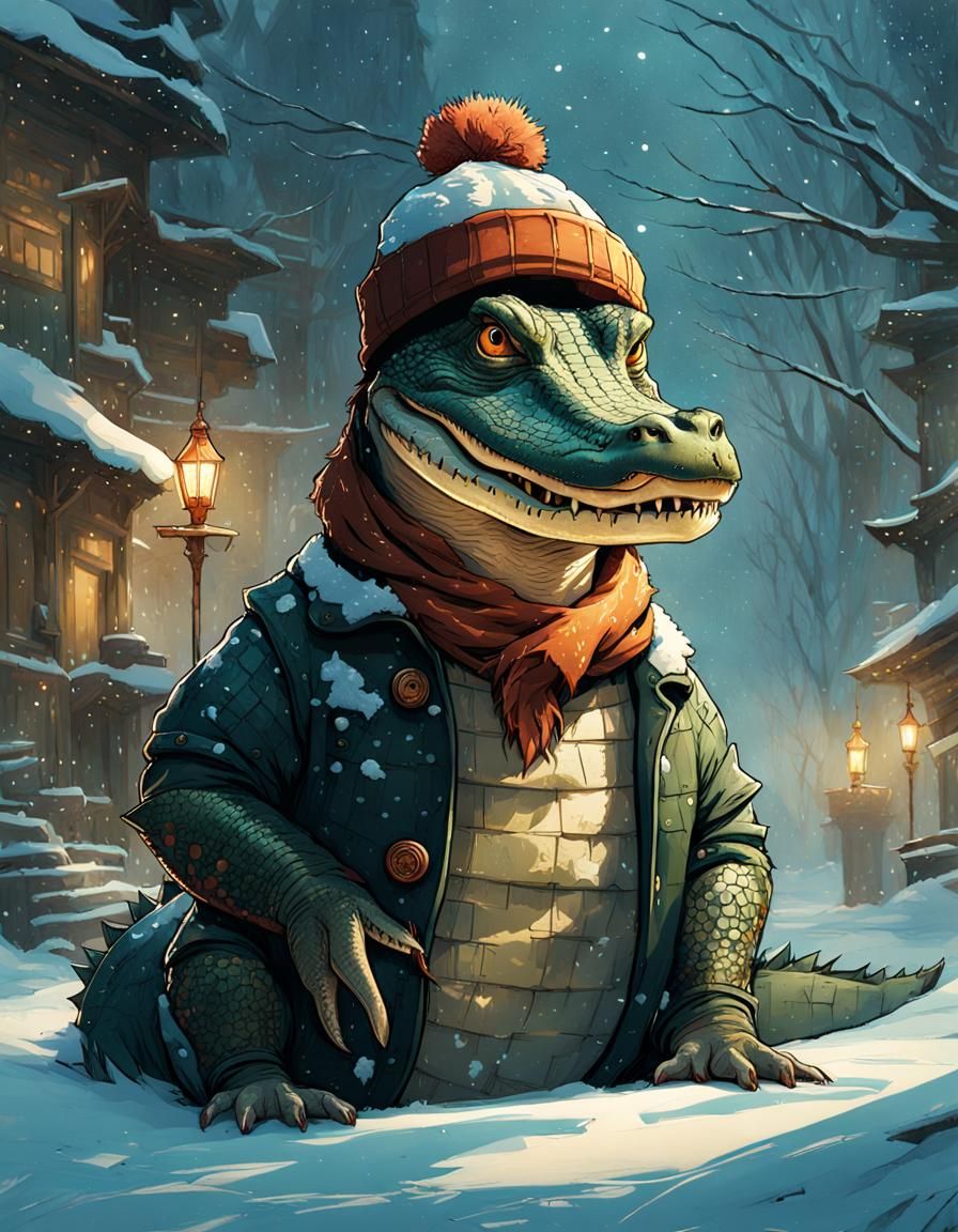 Alligator in Beanie: Winter Scene Concept Art