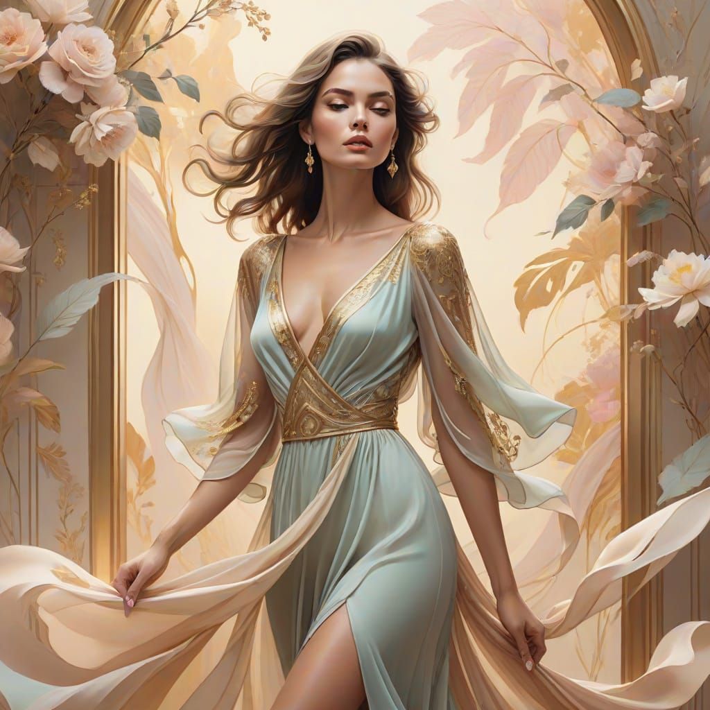 Elegant Pastel Goddess in Golden Haze