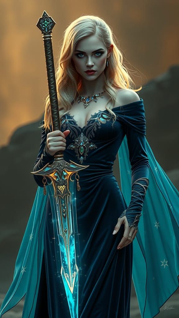 Ethereal Fantasy Warrior with Crystal Sword in Muted, Earthy...