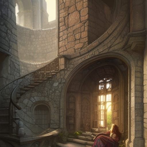 Stone Tower Steps with Art Nouveau Lighting