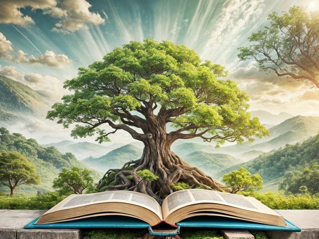 Magical Tree Growing from Open Book Illustration