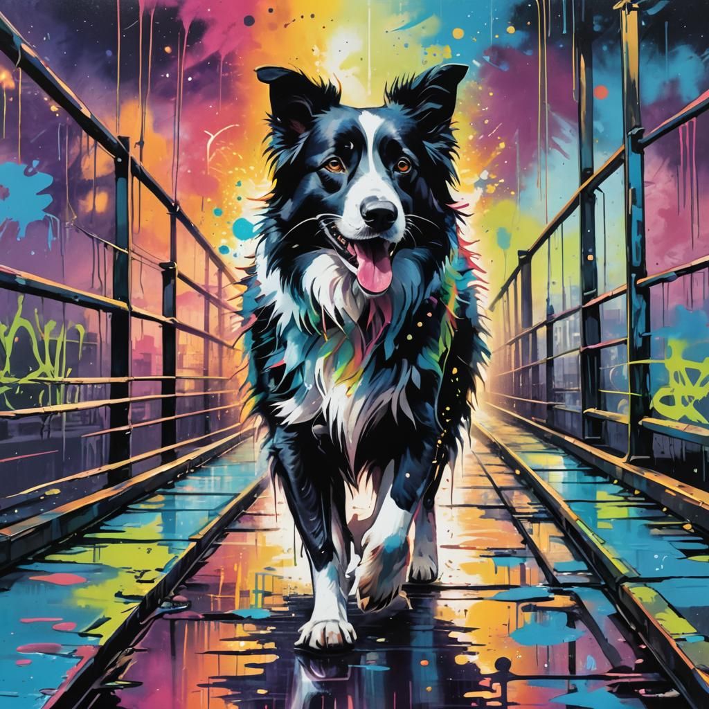 Border Collie Bridge Crossing: Vibrant Graffiti Art