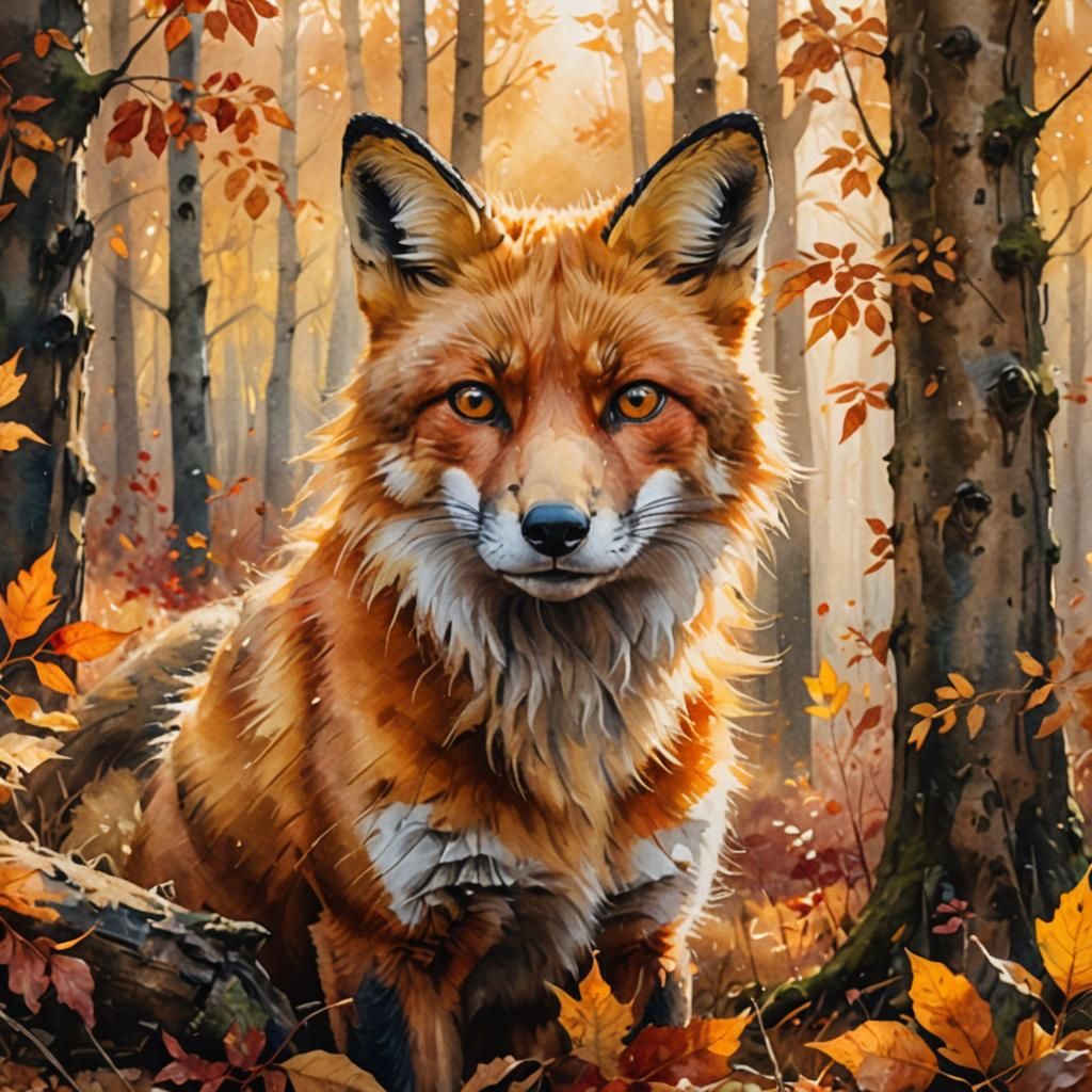 Red Fox in Autumn Forest: Hyperrealistic Watercolor