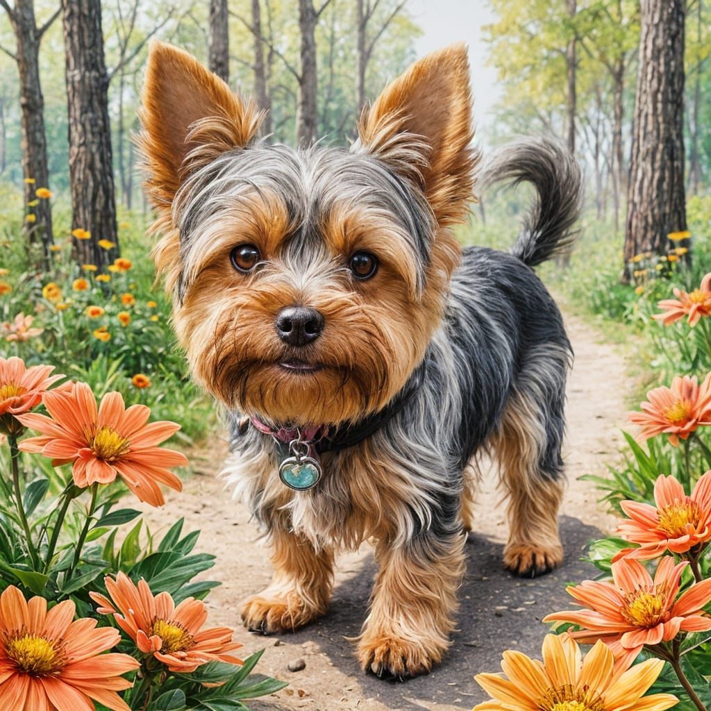 Yorkie Smelling Flowers in Woods with Bee