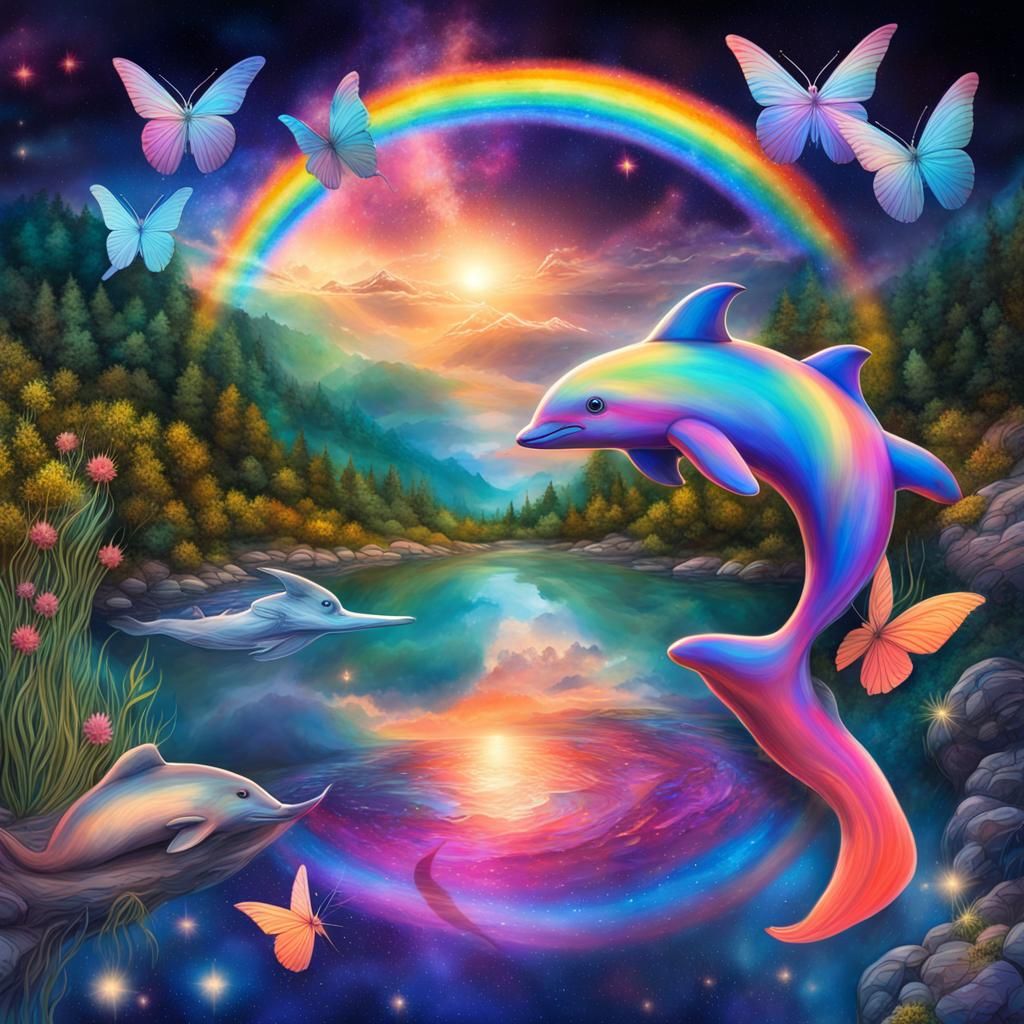 Starry Nightscape with Rainbow, Dolphins and Butterflies
