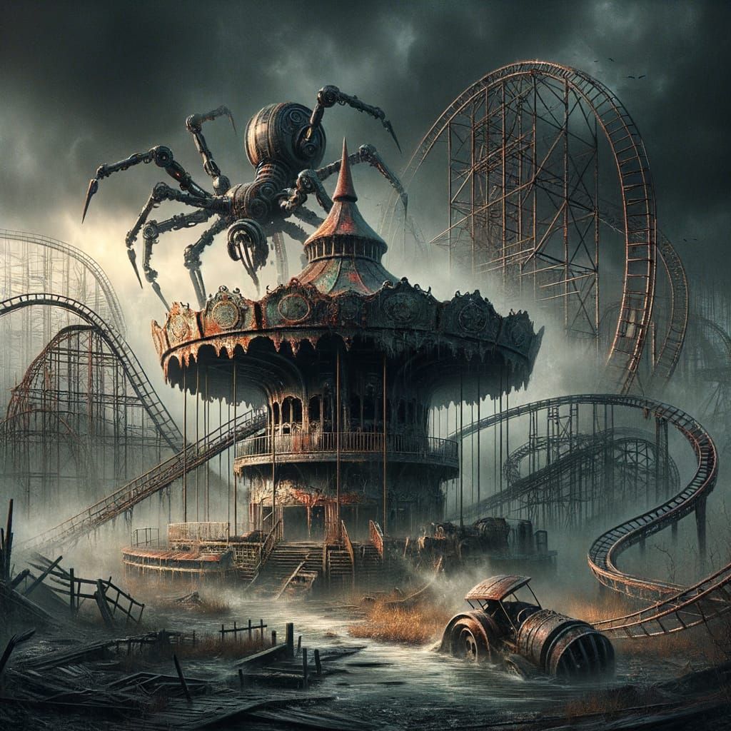 Sinister Hideout in Abandoned Amusement Park with Mech Spide...