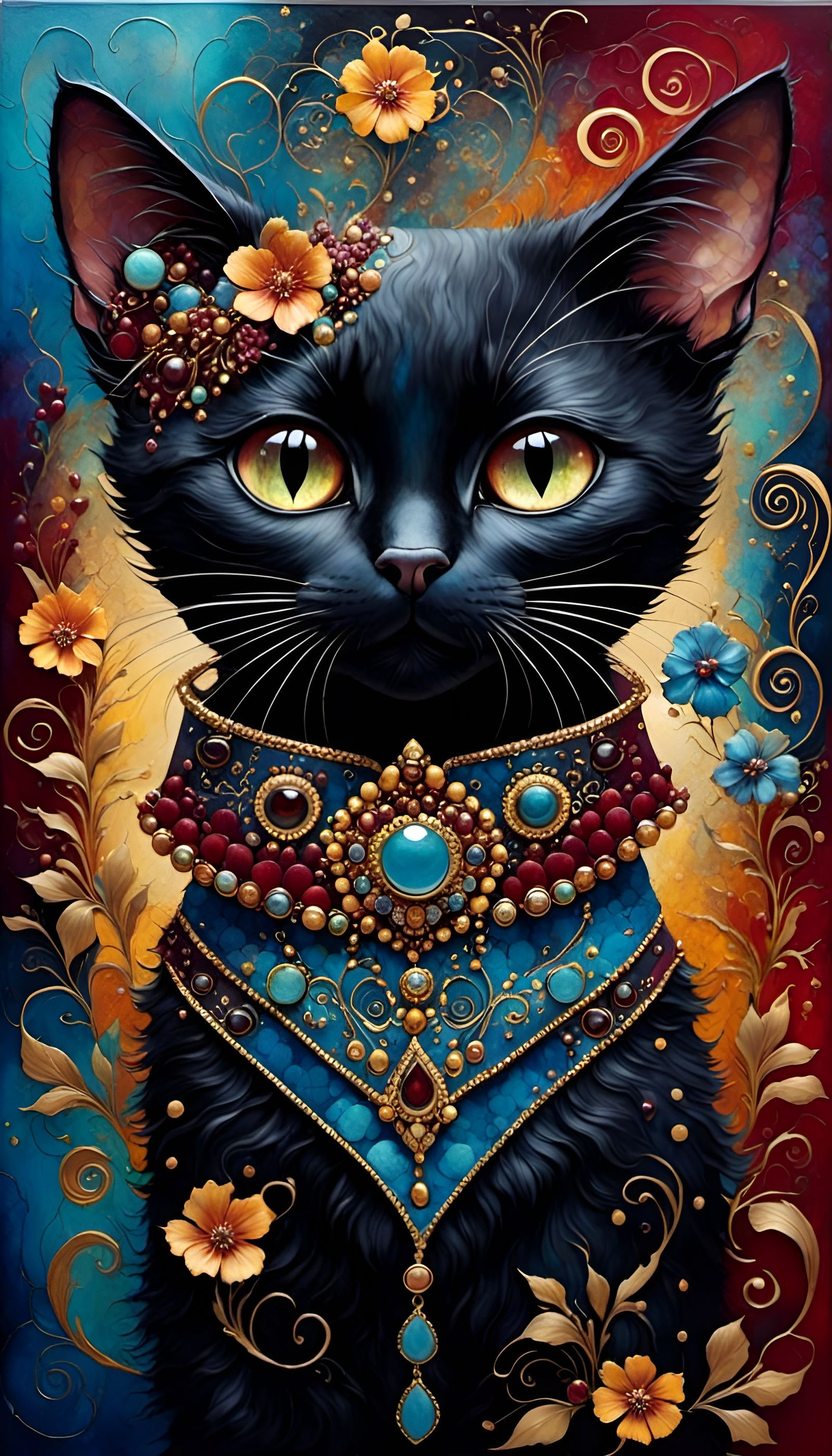 Black Cat Portrait in Dadaism Style with Gold Accents