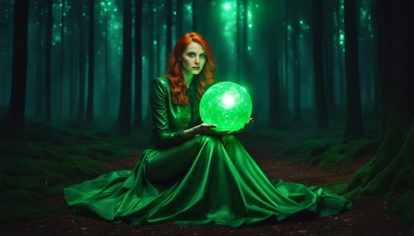 Redhead Woman with Green Light in Starry Night