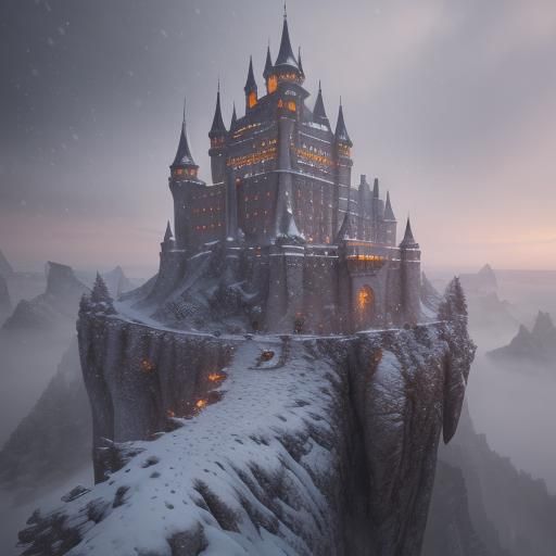 Snowy Castle on Cliff Edge: Fantasy Concept Art