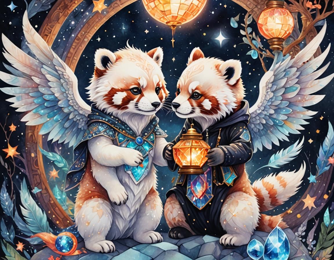 Psychedelic Red Panda Angel Kissing Wife in Watercolor