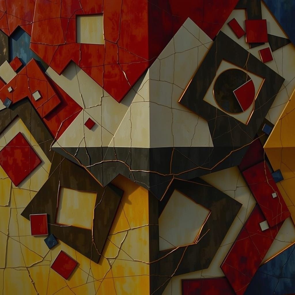 Vibrant Geometric Op Art Composition in Red, Blue, and Gold