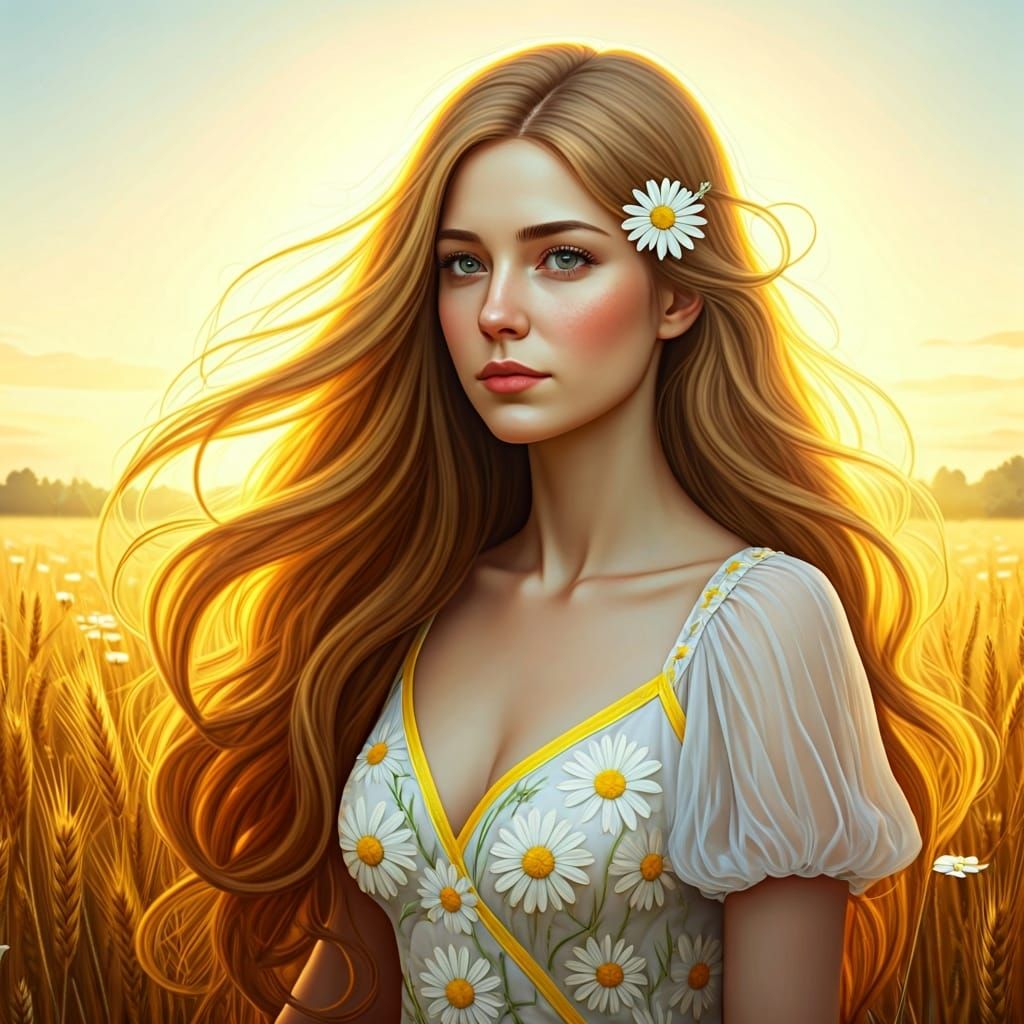 Woman in Daisy Field: Art Nouveau Portrait
