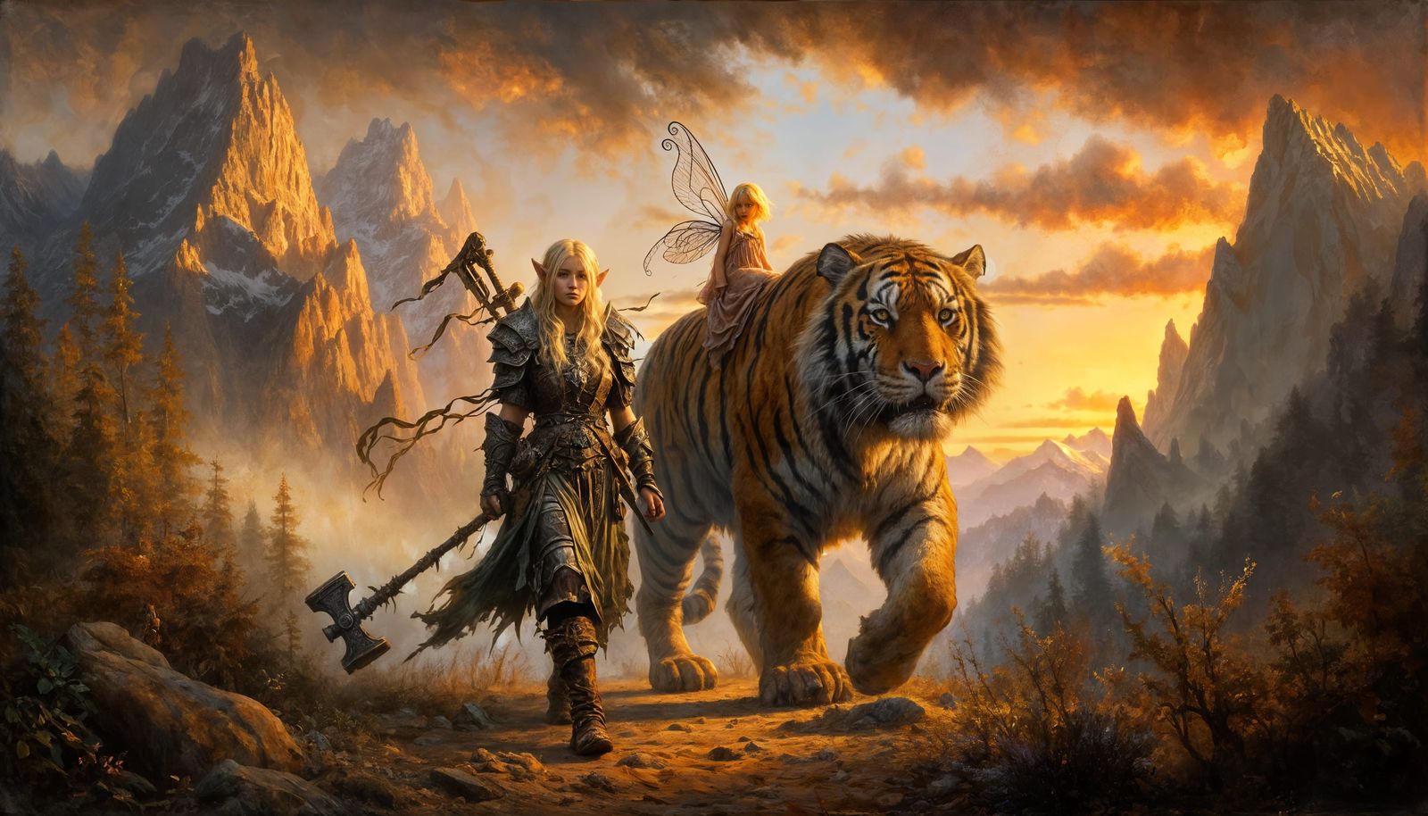 Majestic Tiger and Elf in Tenebrism Oil Painting at Sunset