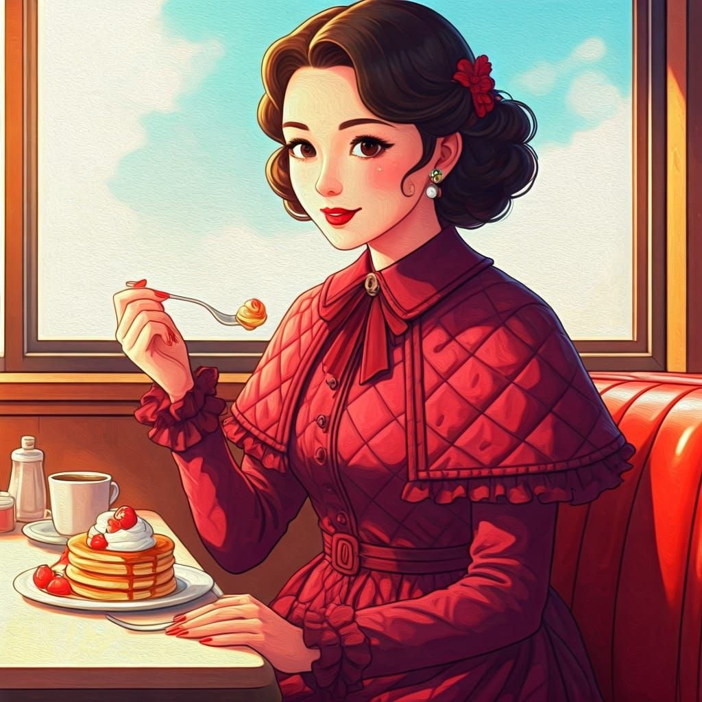 Anime Woman Savoring Pancakes in Impressionistic Watercolor