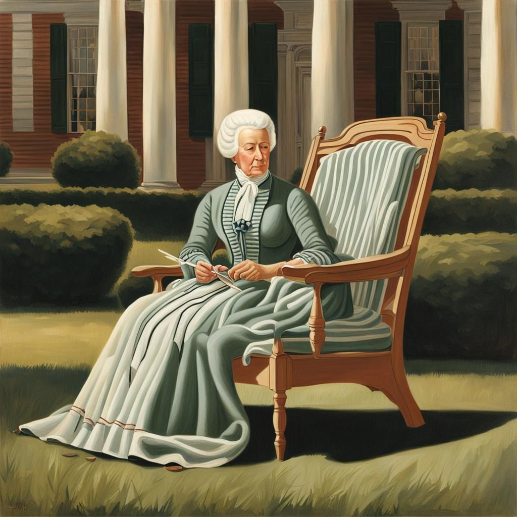 Martha Washington knitting in a chair on the lawn outside th...