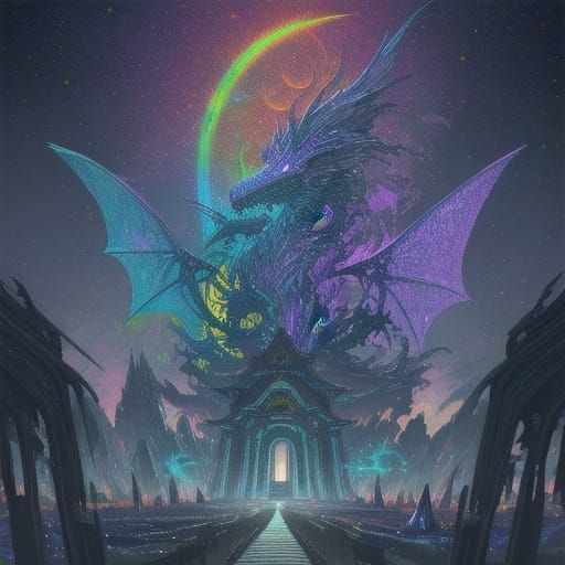 Vibrant, Iridescent Dragon Amidst Ancient Pillars and Grand ...