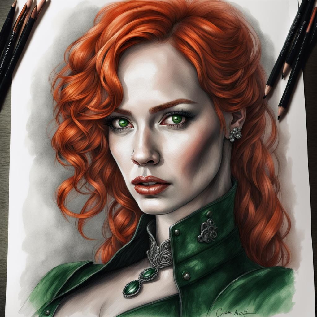 Vampire Woman Portrait in Charcoal Sketch Style