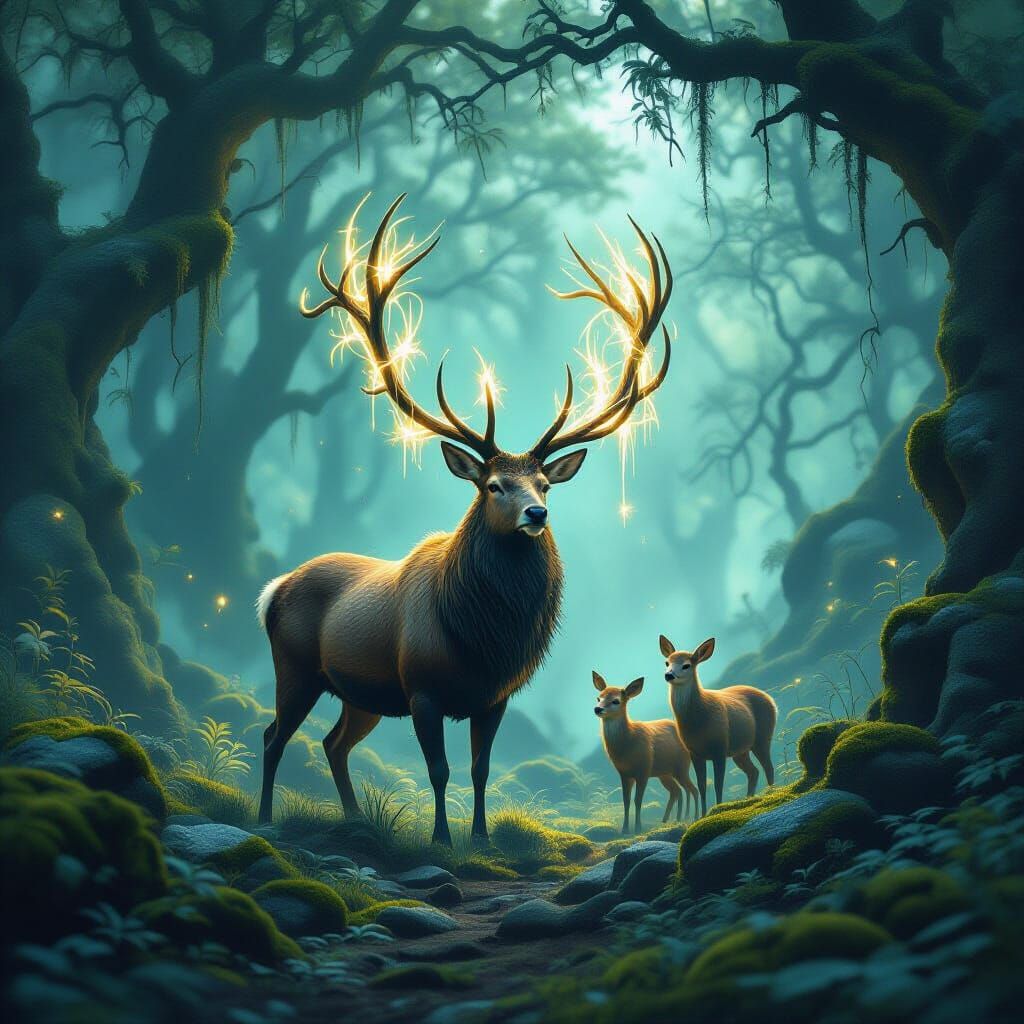 Majestic Stag in Misty Forest with Glowing Runes