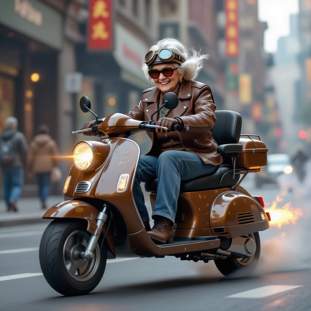 Dieselpunk Granny Rides Her Modified Scooter