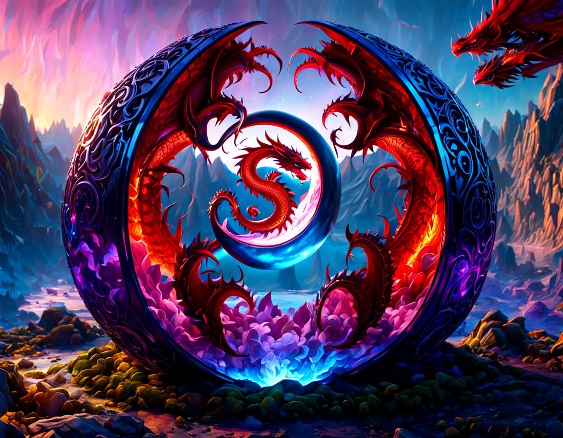Yin Yang Dragons in Sphere of Life: 3D Fantasy Art