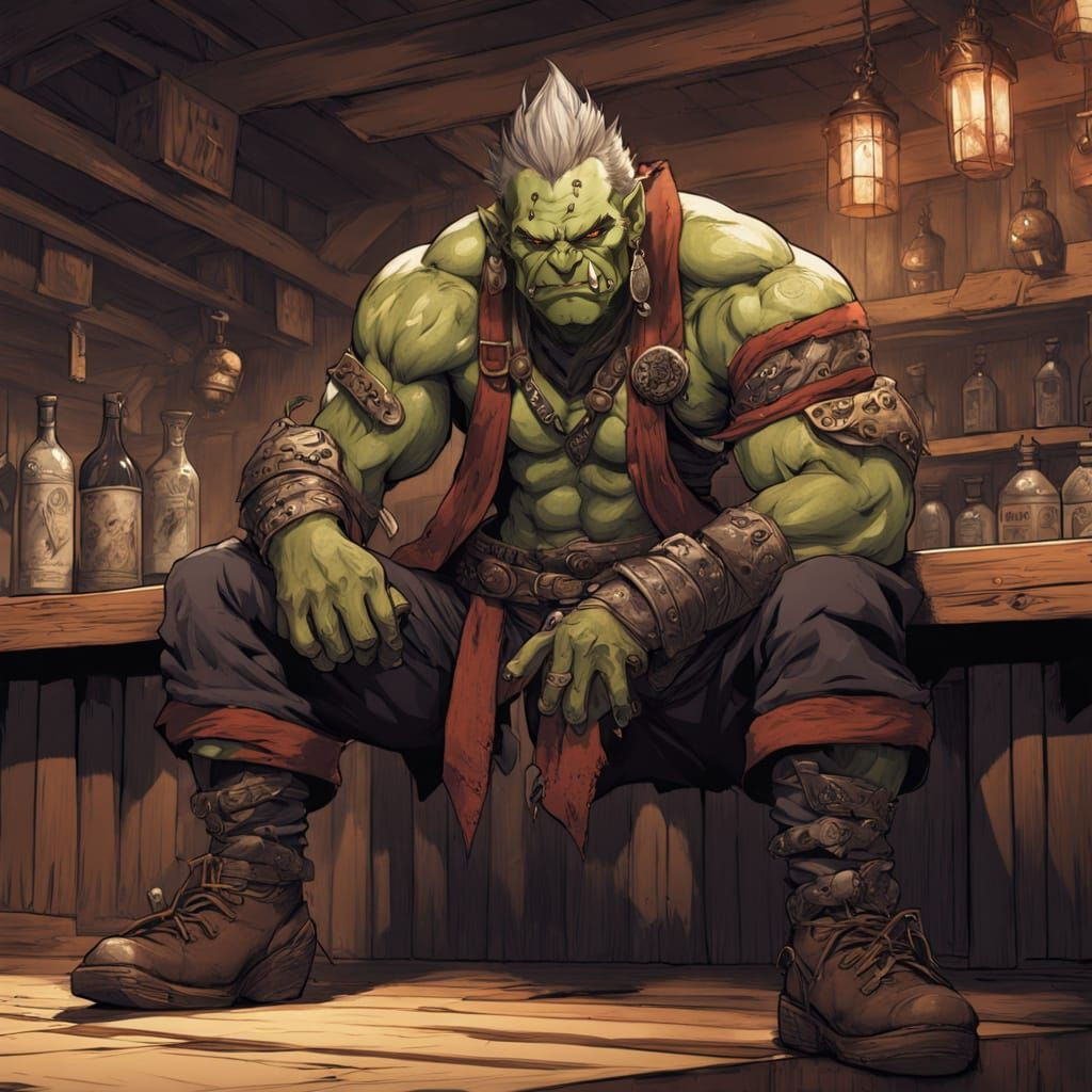 Intimidating Orc Rogue Mohawk Piercings in Tavern