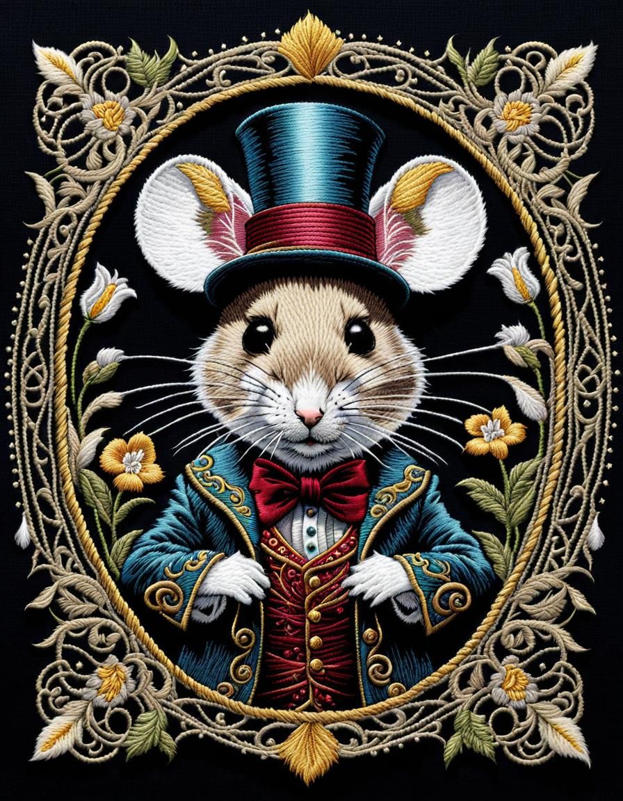 Embroidered Mouse Magician Portrait with Floral Border