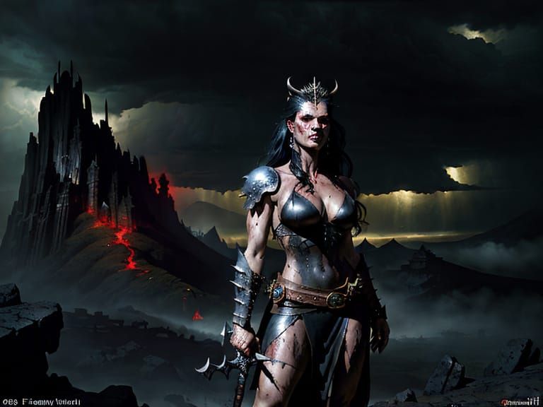 Barbarian Queen on Windswept Hill in Dark Fantasy Art