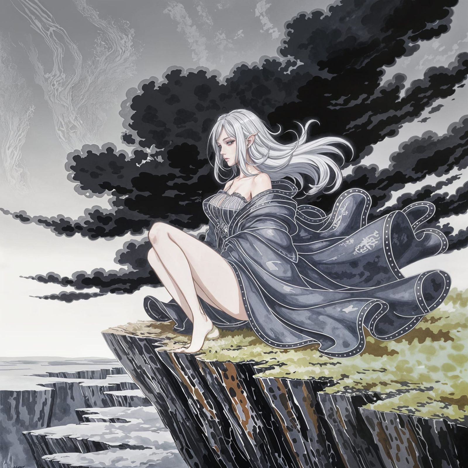 Ethereal Anime Wizardess in Majestic Gray Landscape