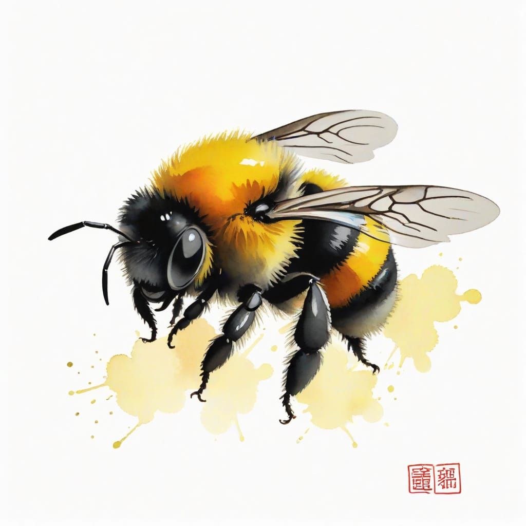 Japanese-Inspired Sumi-E Painting of a Busy Bumble Bee