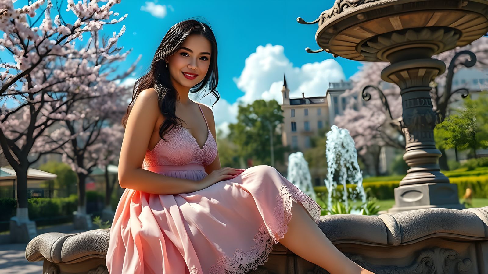 Elegant Springtime Woman in Urban Oasis