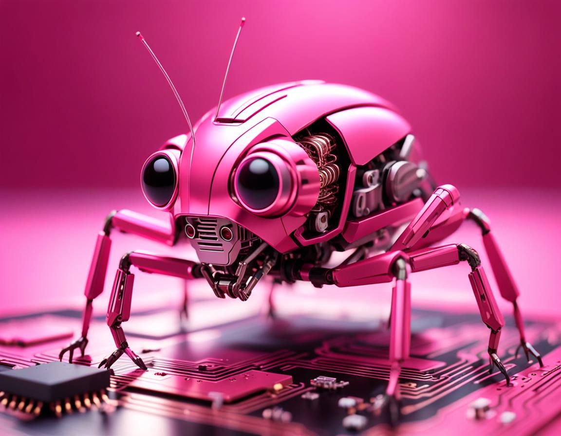Pink Cricket Robot on Circuit Board, Tilt-Shift Close-Up